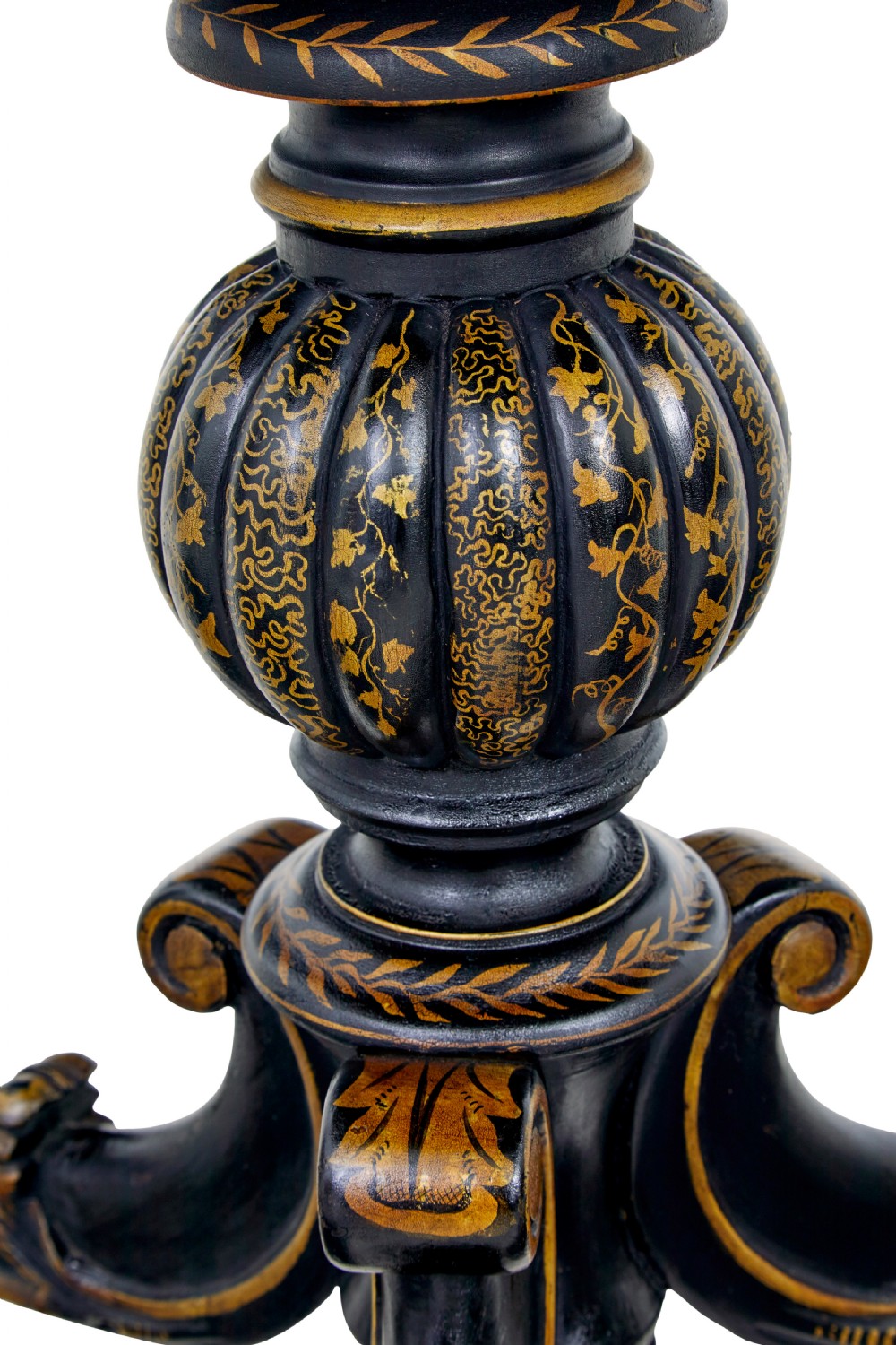 A 19th-century black lacquered pedestal table featuring hand-painted gold chinoiserie motifs, a tray top, turned central column, and tripod feet. View X