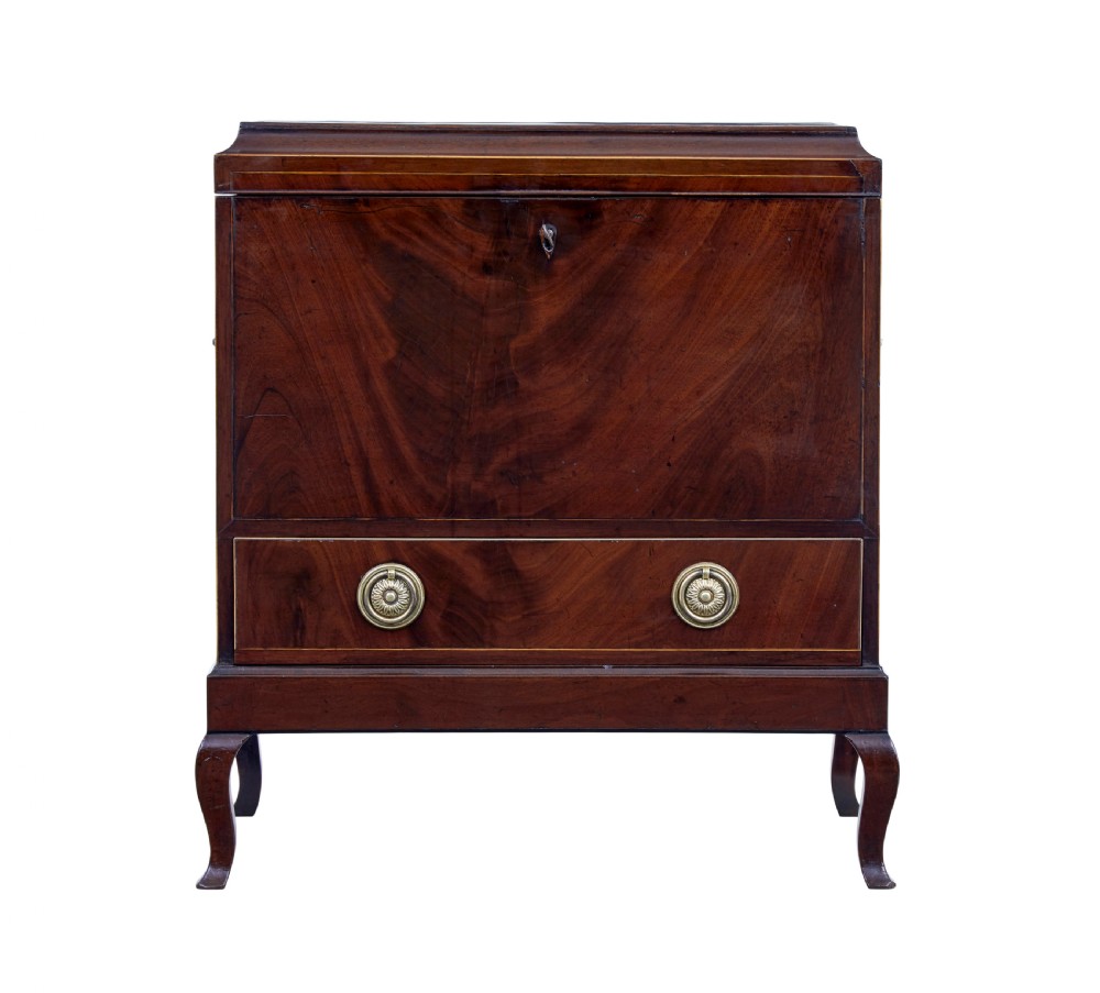 An Edwardian dark mahogany inlaid wine cooler featuring cabriole legs, brass rosette handles, boxwood stringing, and a hinged top lid. View II