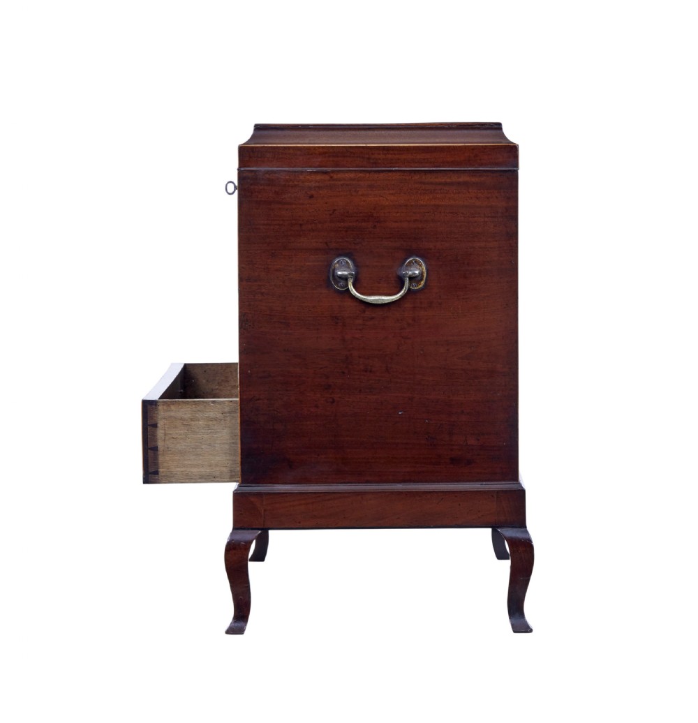 An Edwardian dark mahogany inlaid wine cooler featuring cabriole legs, brass rosette handles, boxwood stringing, and a hinged top lid. View IV