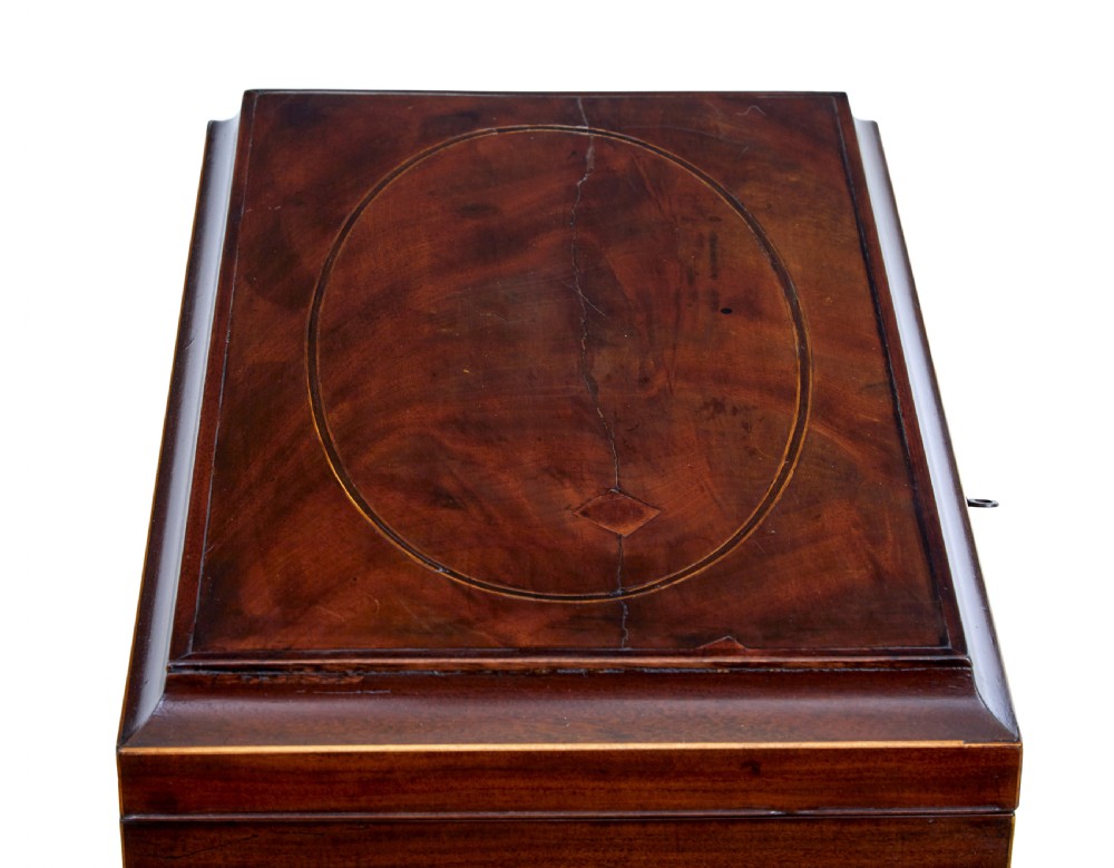 An Edwardian dark mahogany inlaid wine cooler featuring cabriole legs, brass rosette handles, boxwood stringing, and a hinged top lid. View VIII