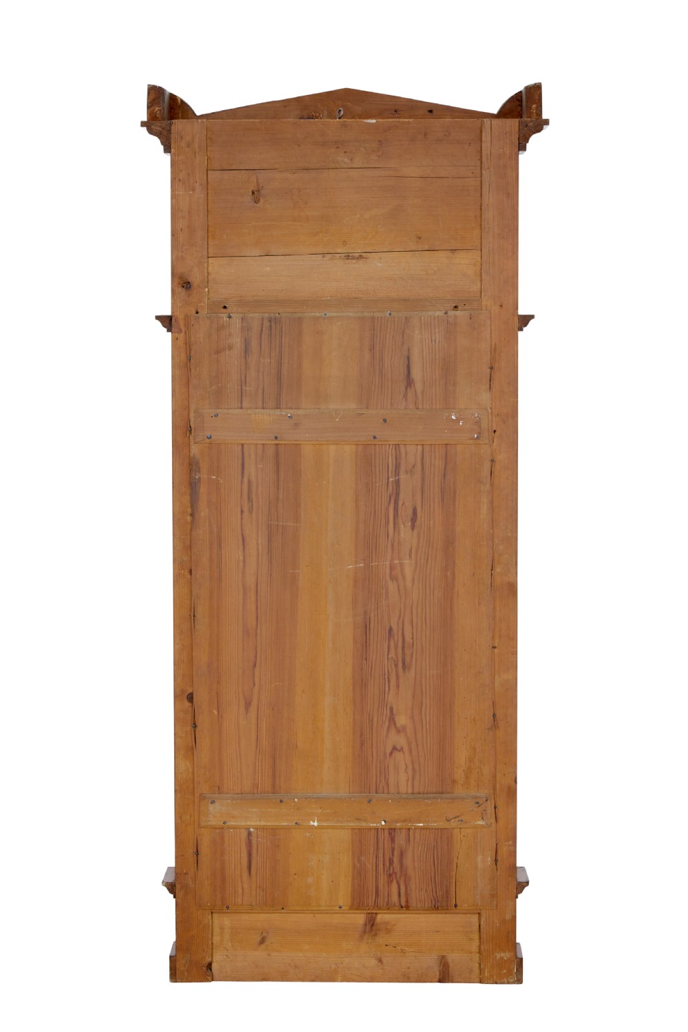 A tall nineteenth-century Empire Revival mahogany pier mirror featuring an architectural pediment, recessed arch with flame mahogany veneer, and flanking columns with gilded capitals. View II