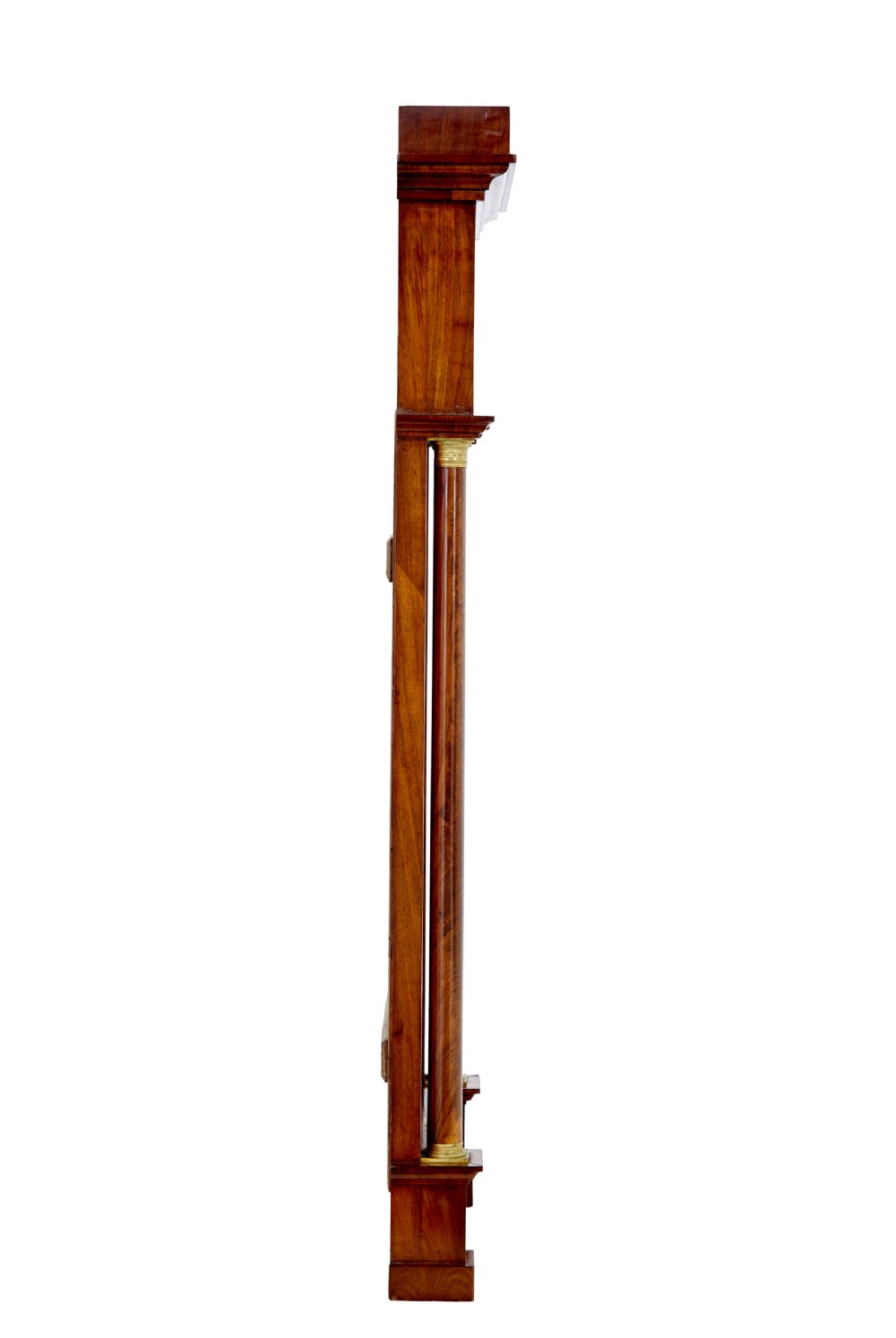 A tall nineteenth-century Empire Revival mahogany pier mirror featuring an architectural pediment, recessed arch with flame mahogany veneer, and flanking columns with gilded capitals. View III
