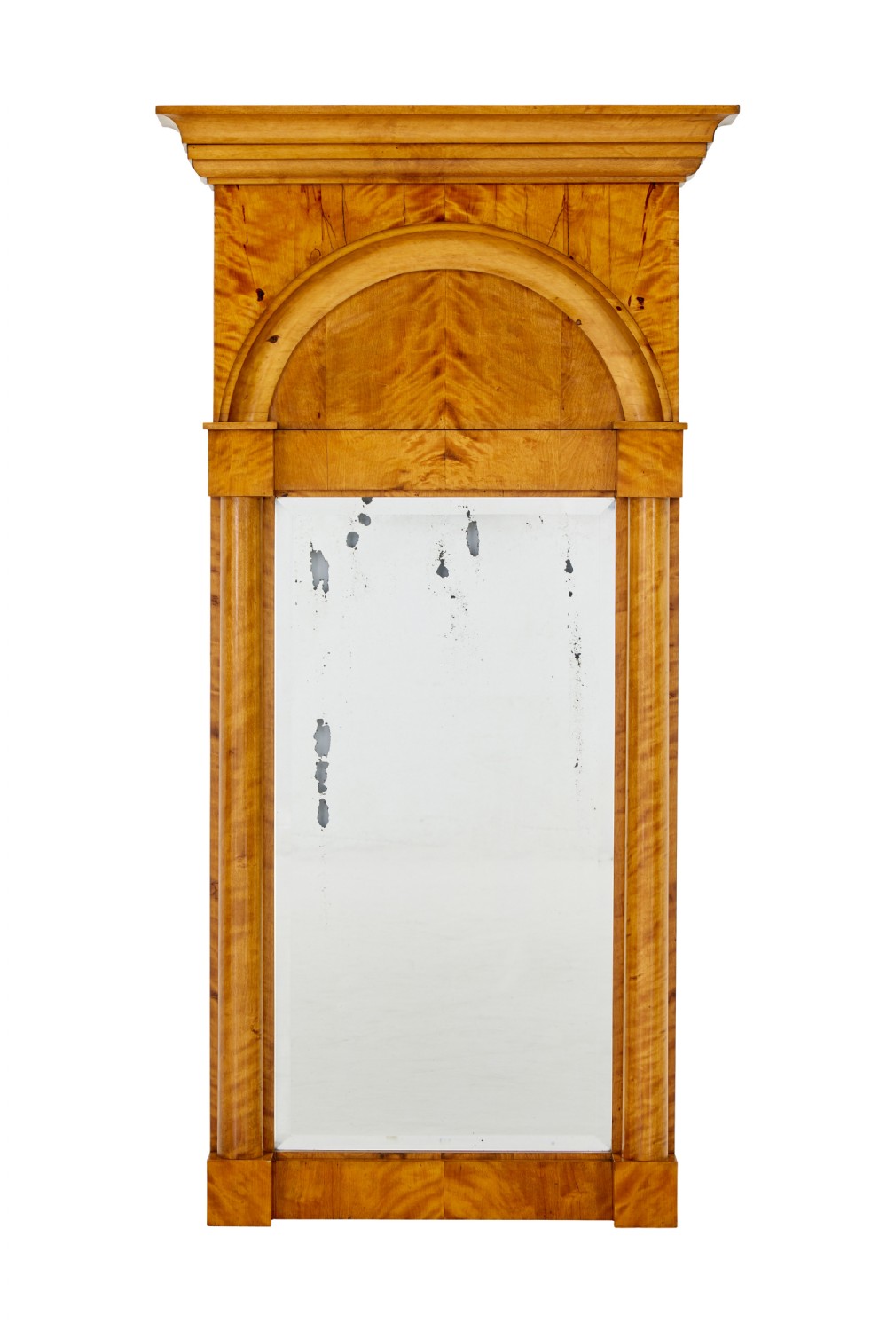 A tall nineteenth-century Swedish Empire revival flame birch pier mirror featuring an arched crest panel, fluted side columns, and a moulded top cornice.