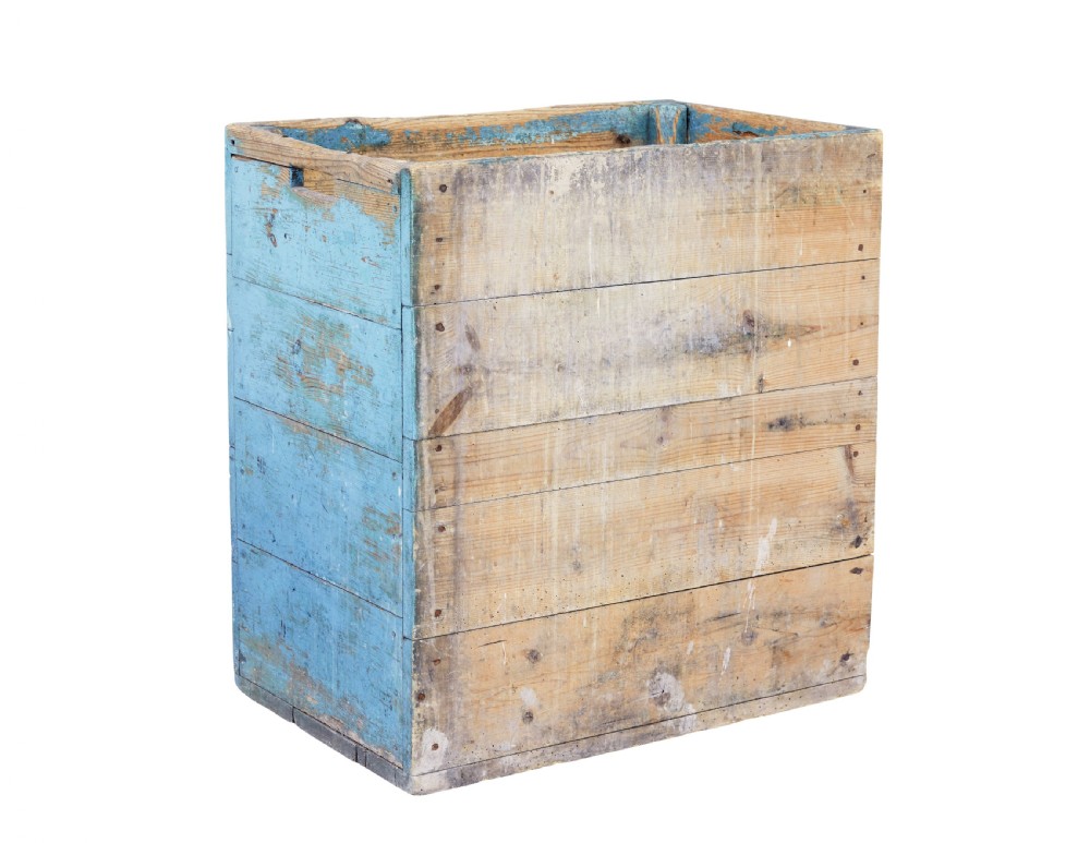 A rectangular 19th century Swedish pine log box featuring distressed blue paint on the sides and exposed natural timber grain on the front.