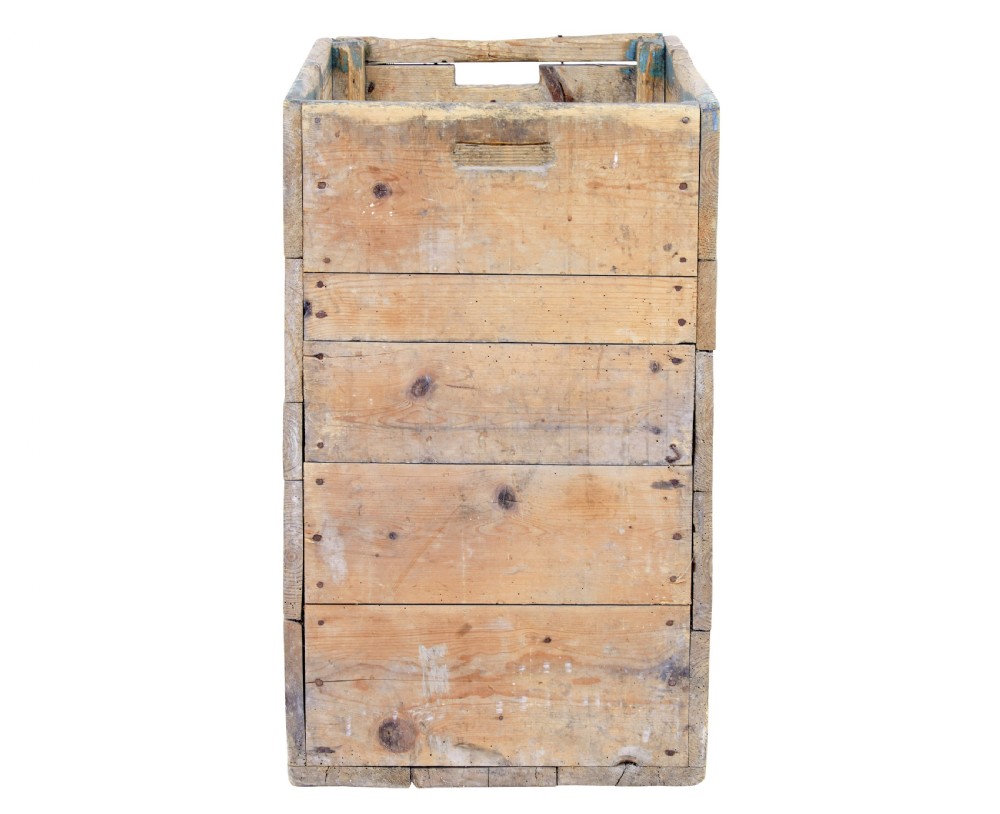 A rectangular 19th century Swedish pine log box featuring distressed blue paint on the sides and exposed natural timber grain on the front. View IV