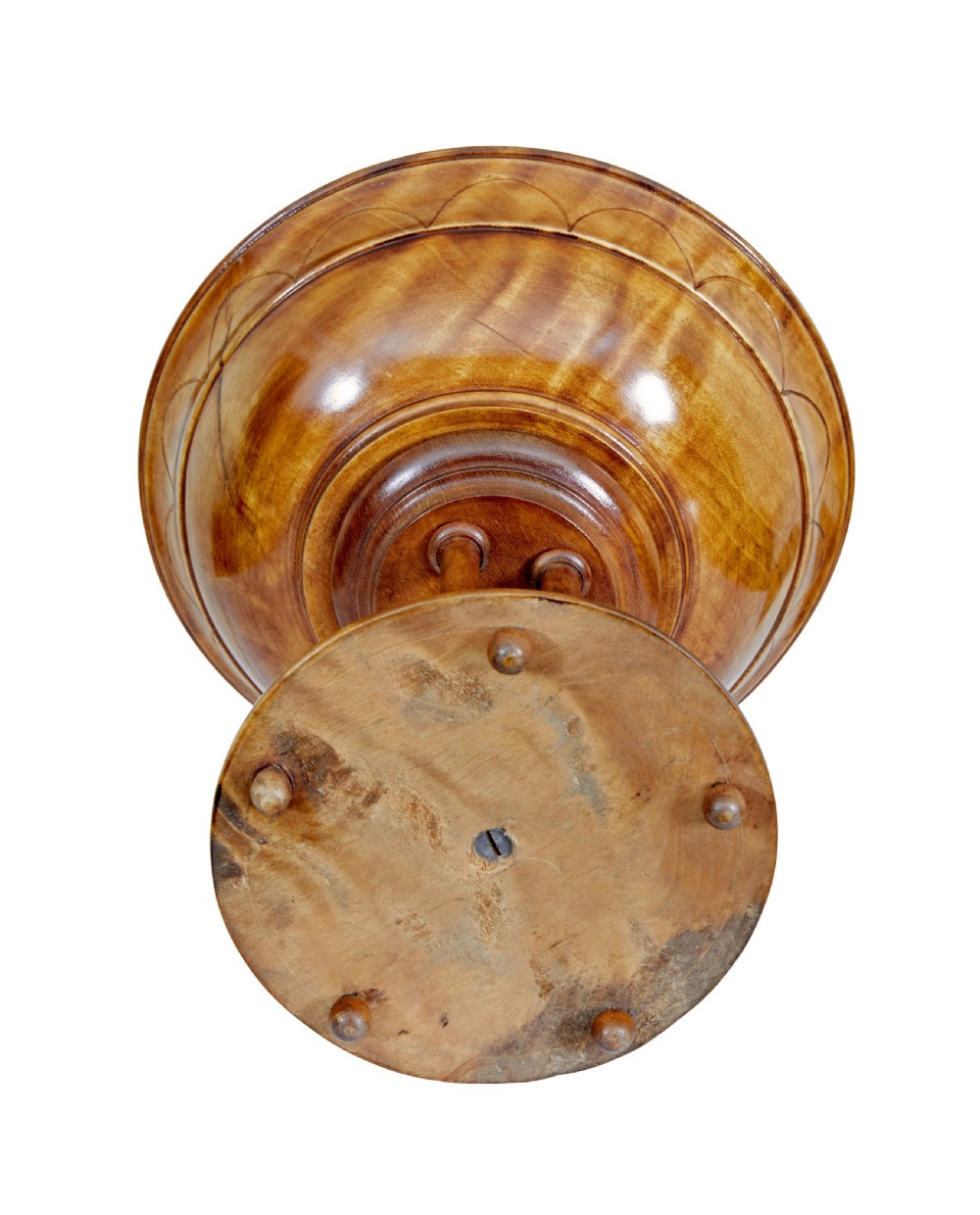 A 19th-century carved walnut tazza featuring a shallow turned bowl resting on slender columnar supports and a stepped circular base. View IV