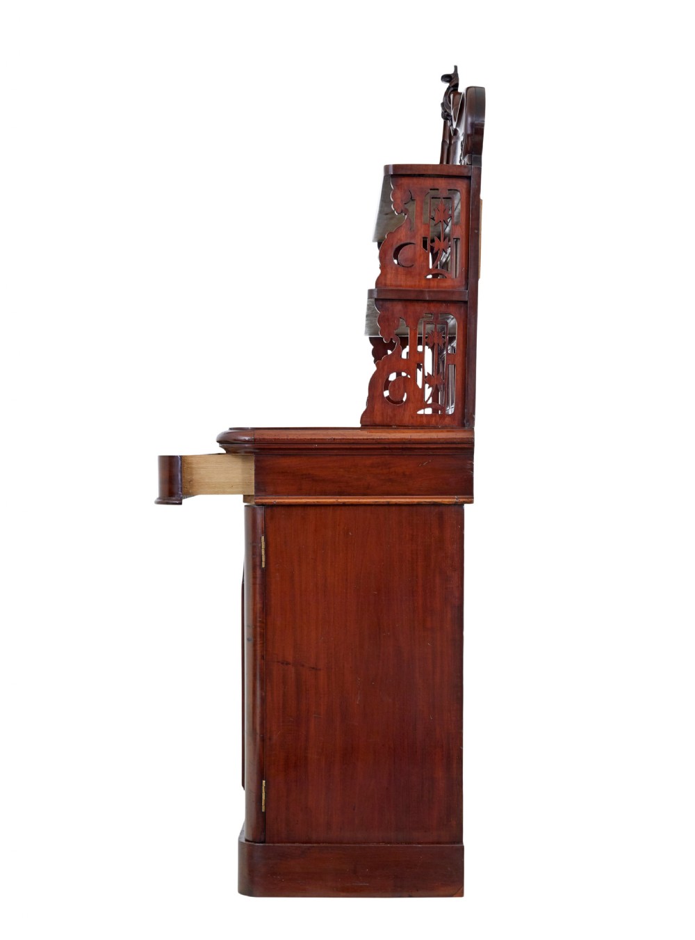 A 19th-century French mahogany chiffonier sideboard featuring a carved pediment upper tier with inset mirror panels over a two-door base cabinet. View III