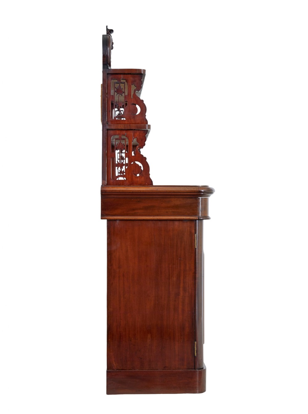 A 19th-century French mahogany chiffonier sideboard featuring a carved pediment upper tier with inset mirror panels over a two-door base cabinet. View IV