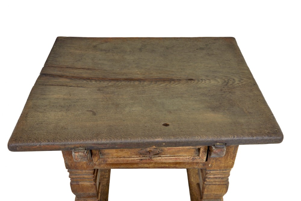 A 17th-century Flemish carved oak side table featuring a frieze drawer, turned legs, and a lower box stretcher. View II
