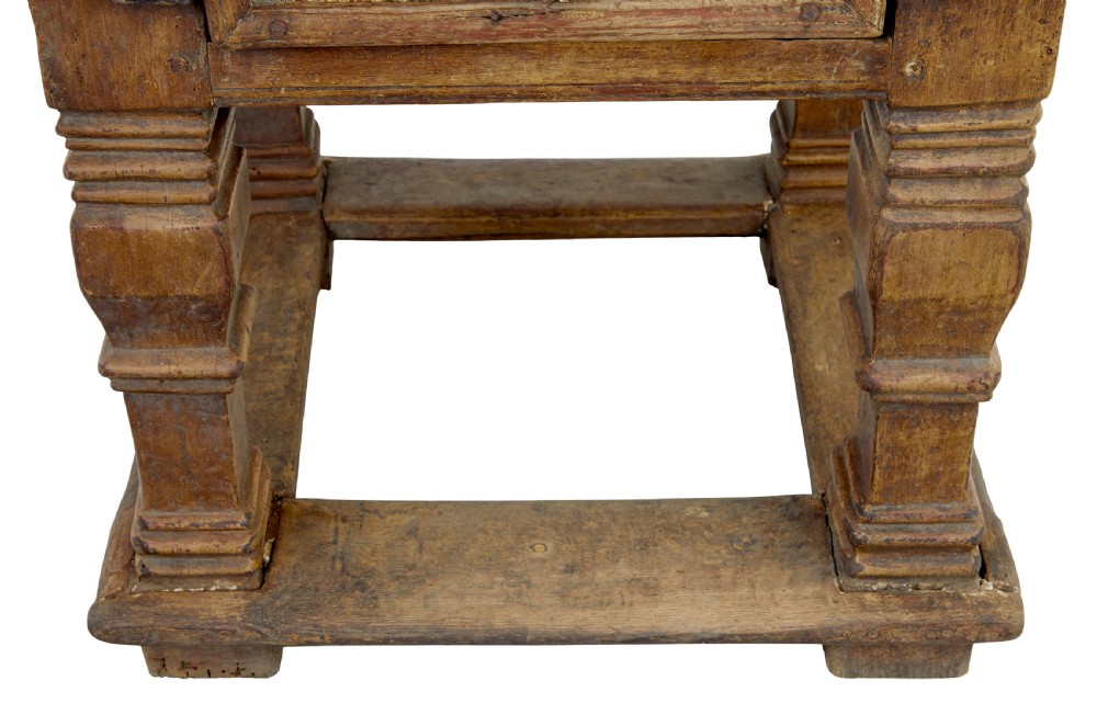 A 17th-century Flemish carved oak side table featuring a frieze drawer, turned legs, and a lower box stretcher. View VII