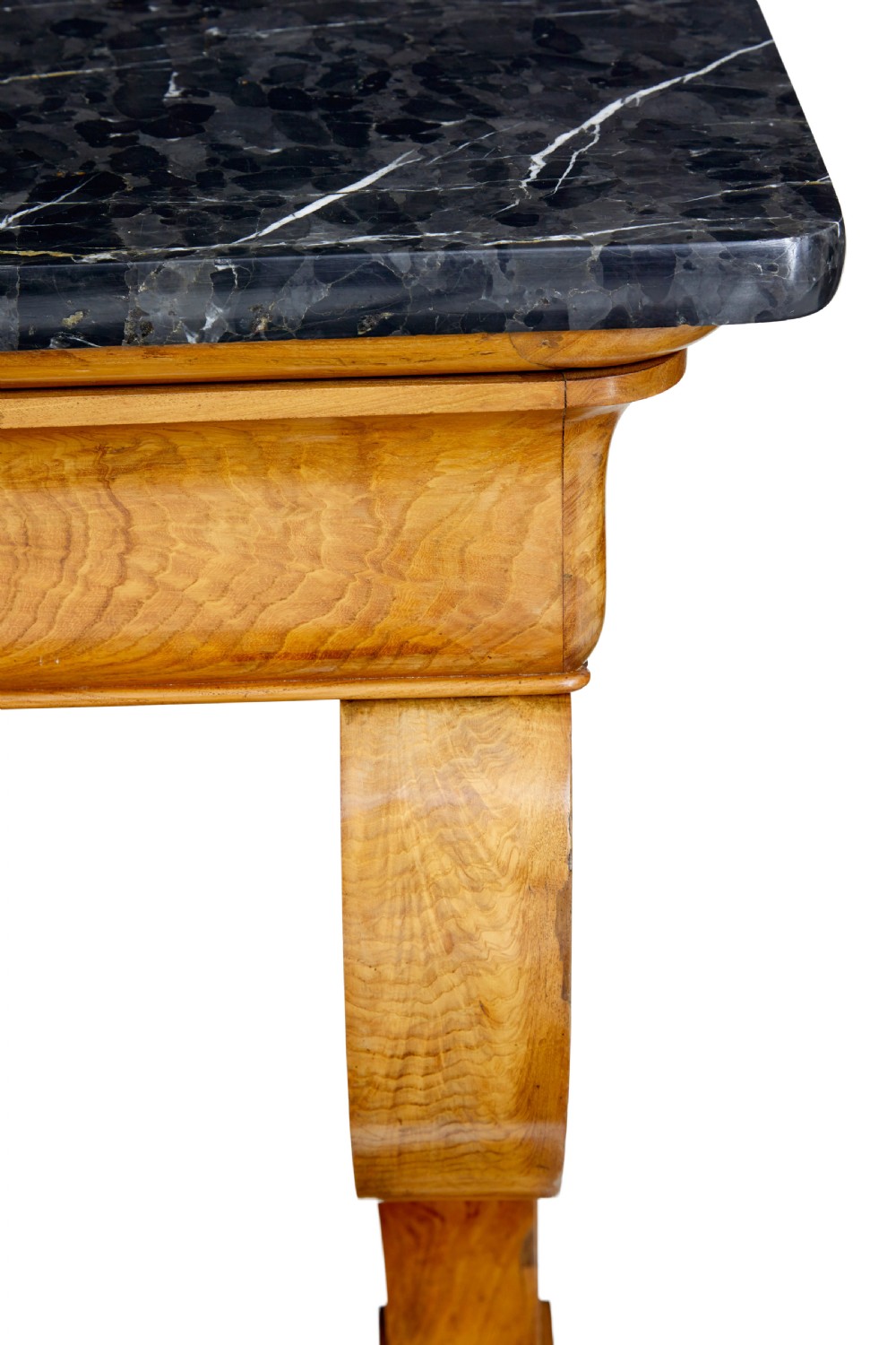 A mid-19th century Swedish console table made from light-coloured elm wood with a black marble top and curved s-scroll legs. View VII