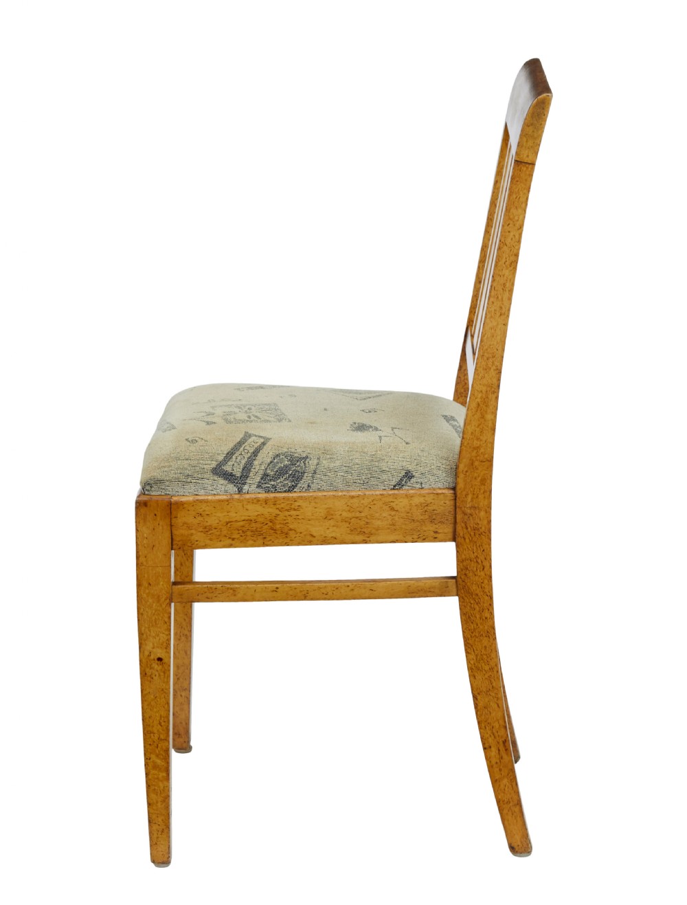 A seven-piece late nineteenth-century seating suite crafted from burr birch timber, including a high-backed sofa and six matching slat-back chairs with patterned fabric seats. View XI