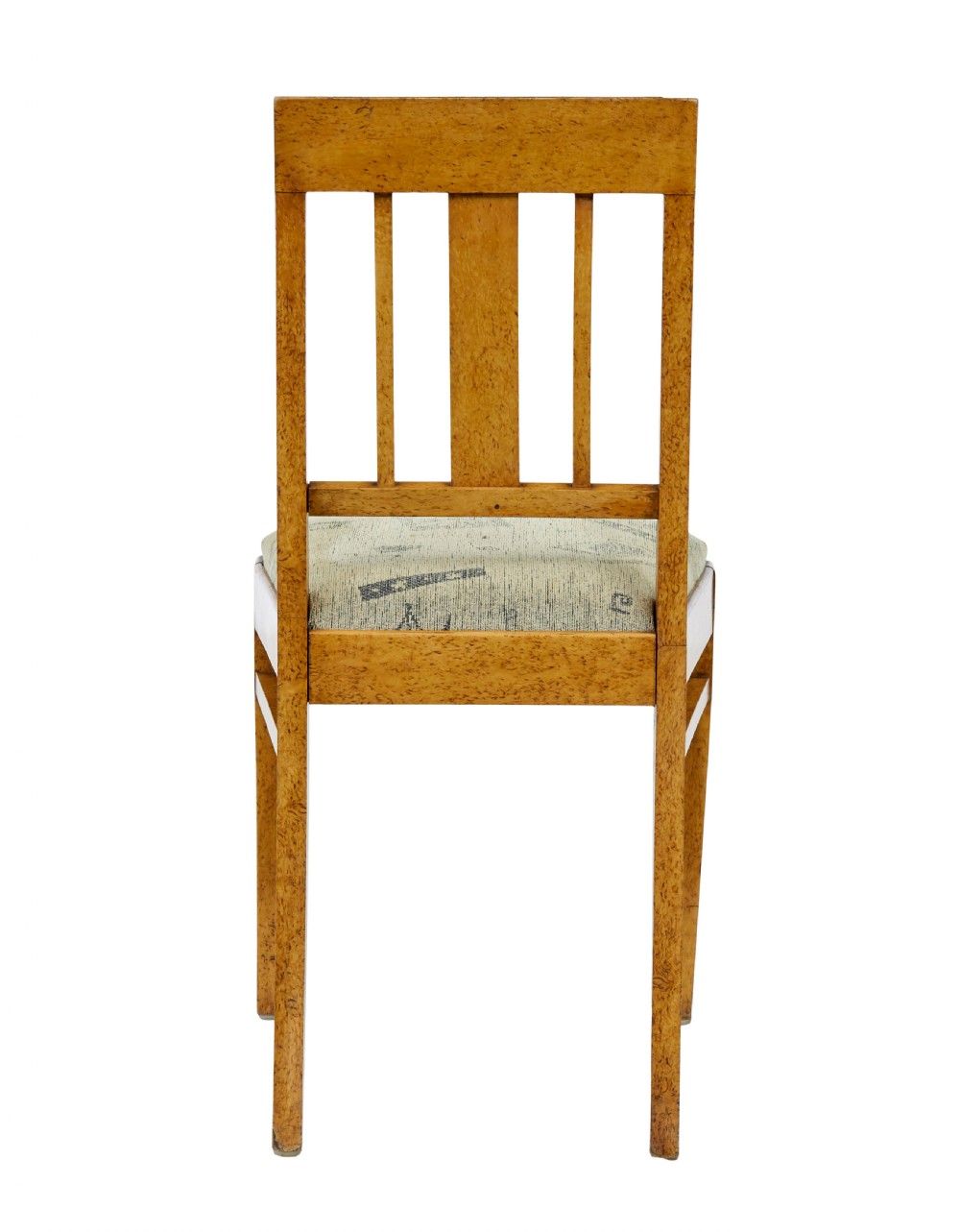A seven-piece late nineteenth-century seating suite crafted from burr birch timber, including a high-backed sofa and six matching slat-back chairs with patterned fabric seats. View XII