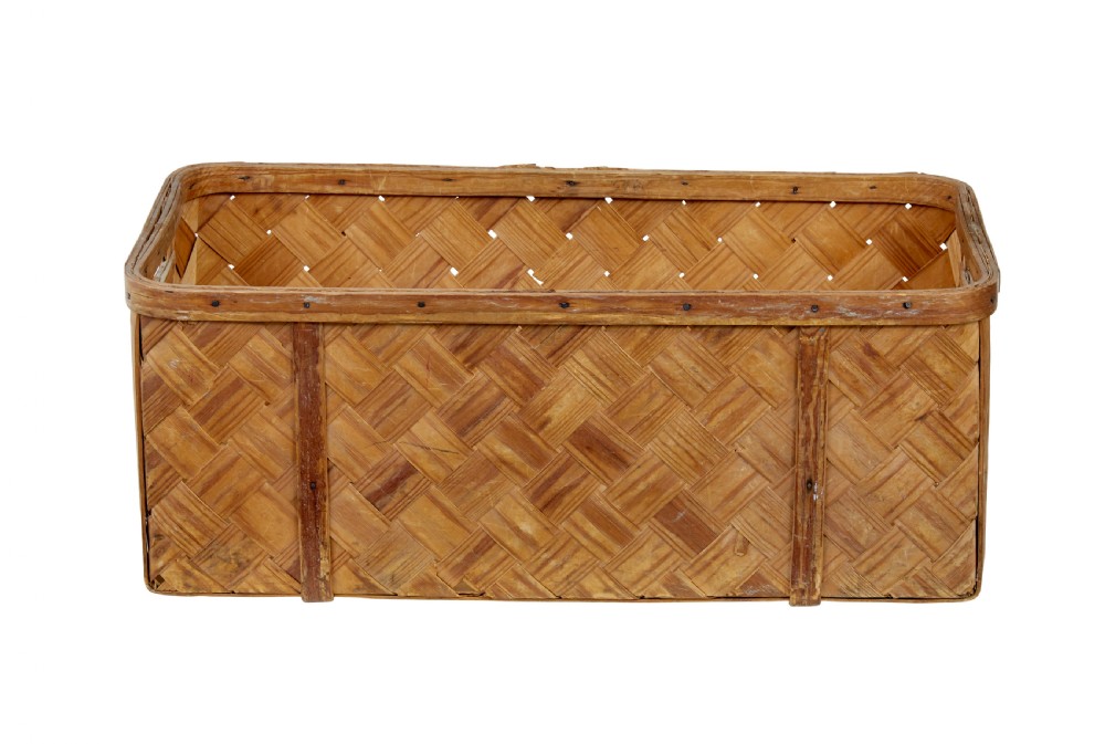 A rectangular Swedish pine splint basket featuring diagonal lattice weaving, reinforced top rim, and integrated handholds at the sides. View II