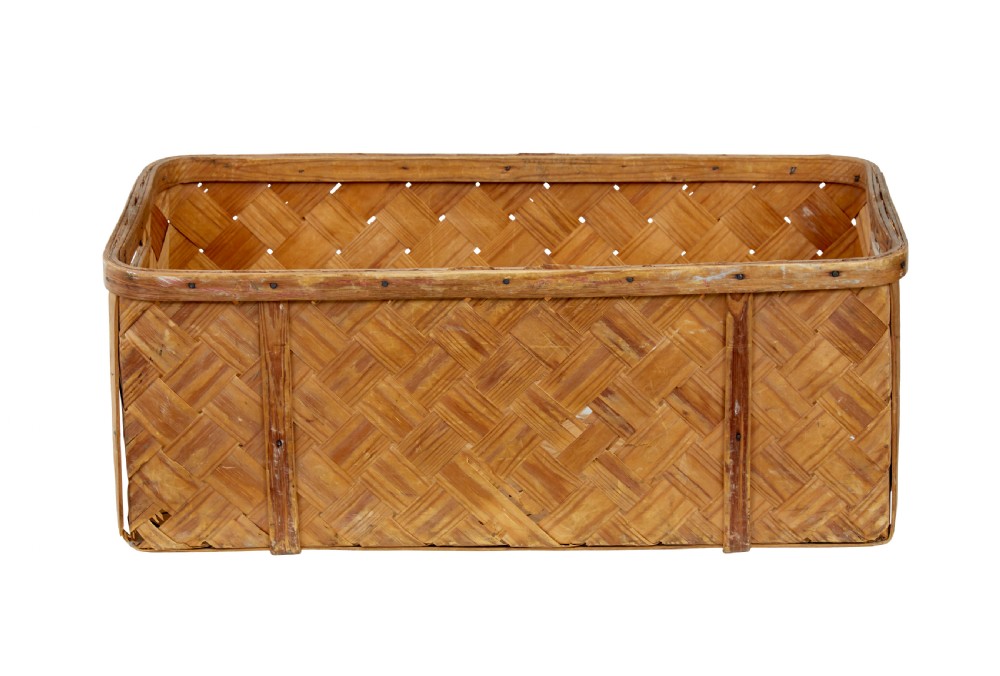 A rectangular Swedish pine splint basket featuring diagonal lattice weaving, reinforced top rim, and integrated handholds at the sides. View III