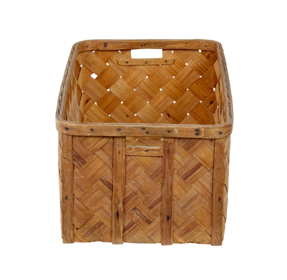 A rectangular Swedish pine splint basket featuring diagonal lattice weaving, reinforced top rim, and integrated handholds at the sides. View IV