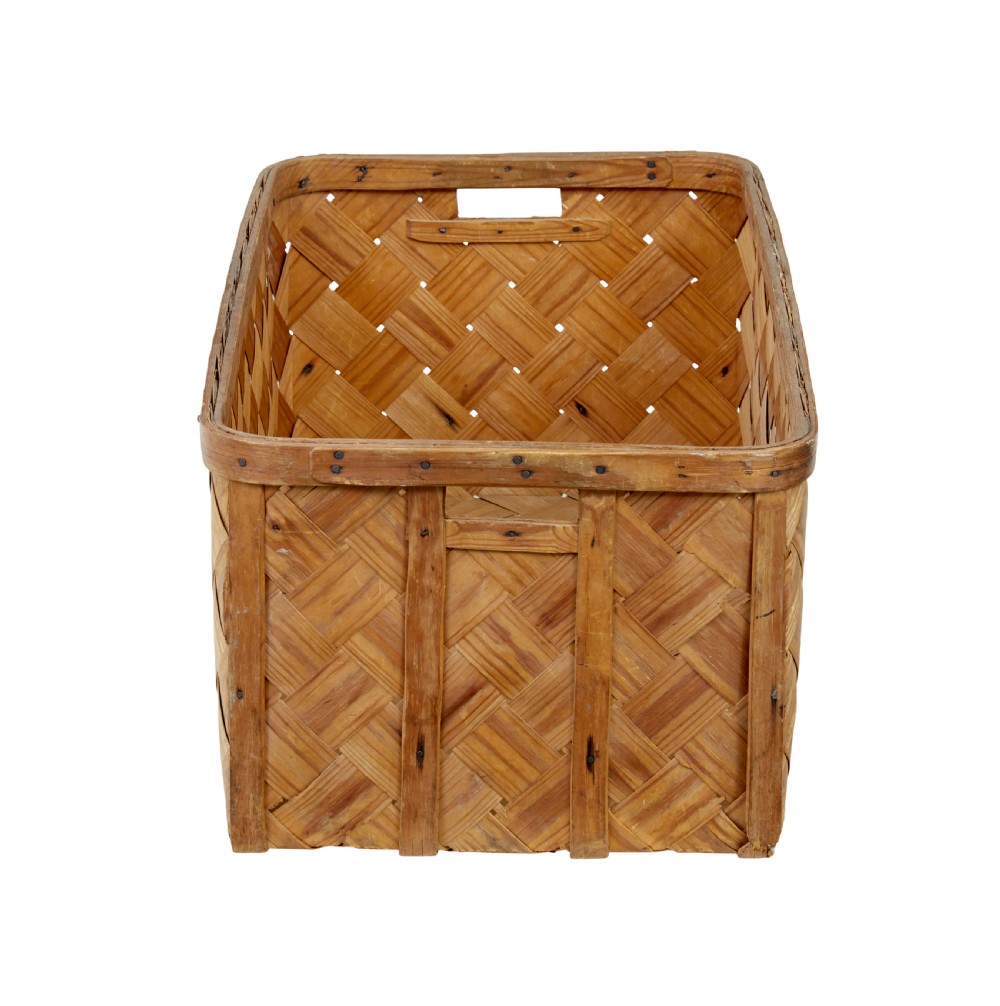 A rectangular Swedish pine splint basket featuring diagonal lattice weaving, reinforced top rim, and integrated handholds at the sides. View V