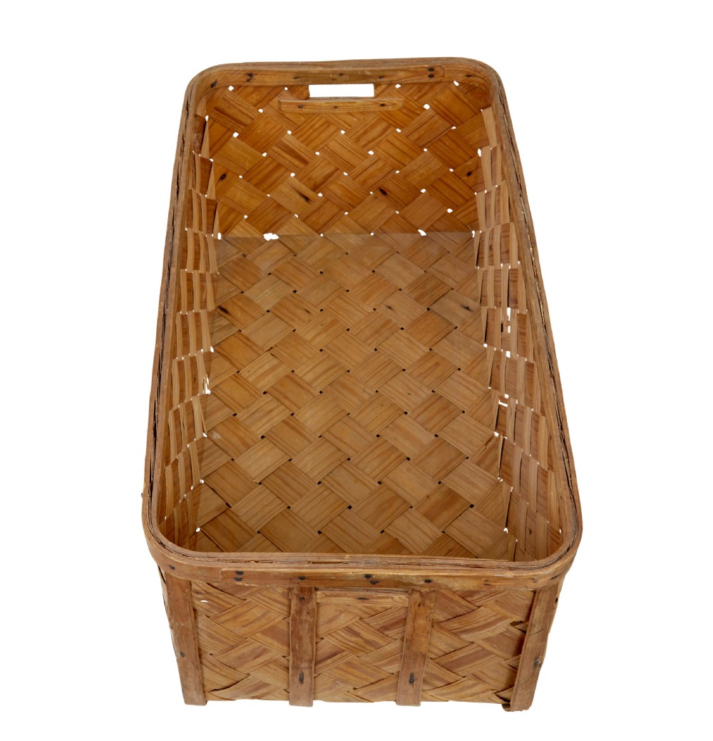 A rectangular Swedish pine splint basket featuring diagonal lattice weaving, reinforced top rim, and integrated handholds at the sides. View VI