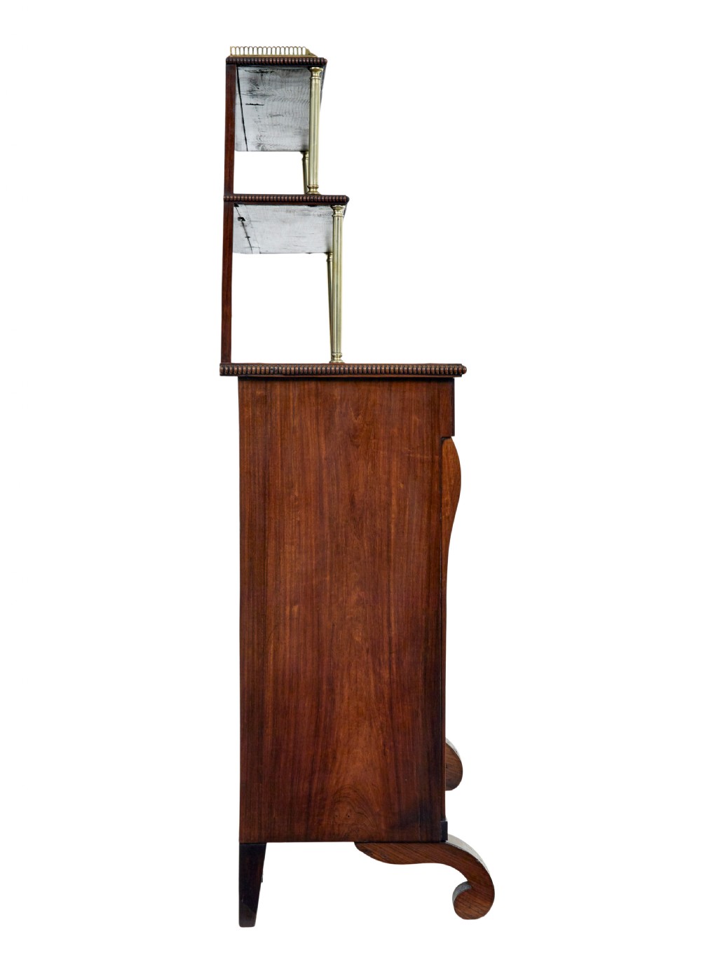 A 19th-century Regency palisander chiffonier with brass inlay, a two-tier raised shelf back supported by brass columns, and green pleated fabric door panels. View IV