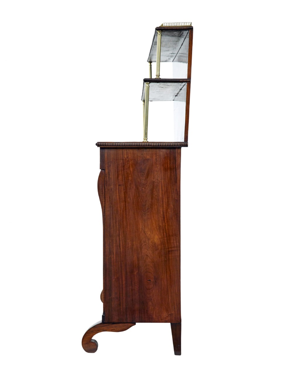 A 19th-century Regency palisander chiffonier with brass inlay, a two-tier raised shelf back supported by brass columns, and green pleated fabric door panels. View V