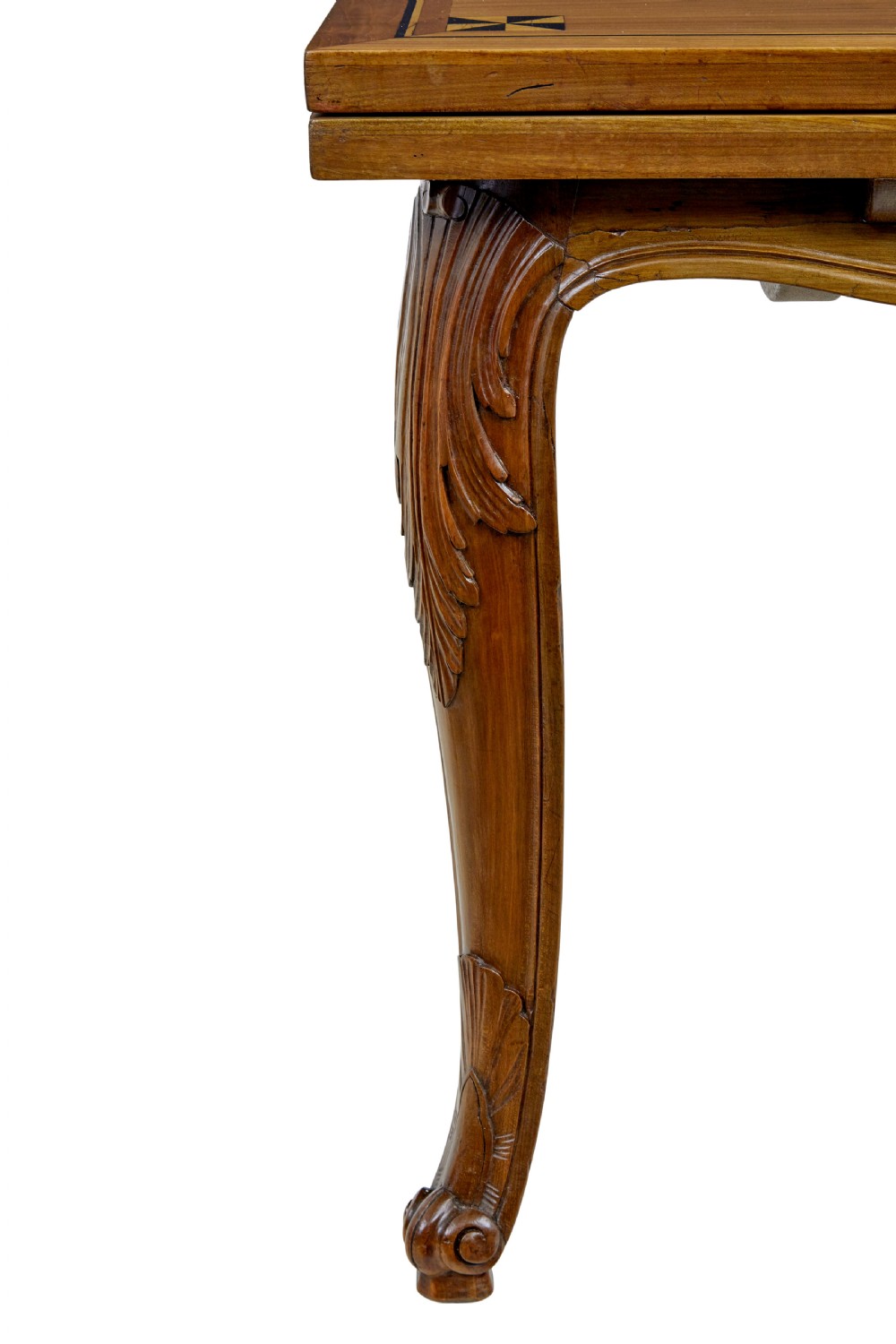 A 19th-century French fruitwood extending dining table with carved cabriole legs and a star inlay motif on the rectangular top. View XI
