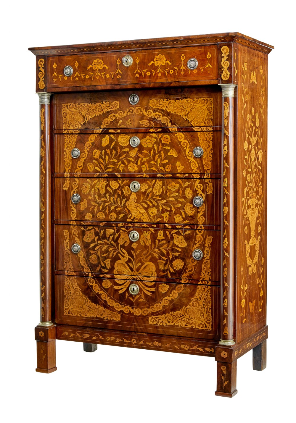 A 19th-century French mahogany chest of six drawers with detailed floral and bird fruitwood marquetry inlays and column sides.