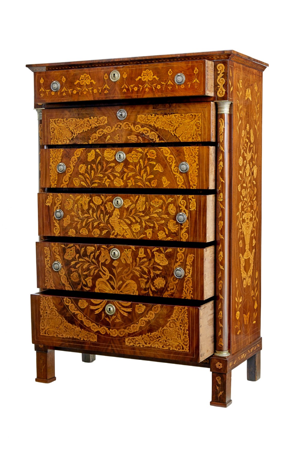 A 19th-century French mahogany chest of six drawers with detailed floral and bird fruitwood marquetry inlays and column sides. View II