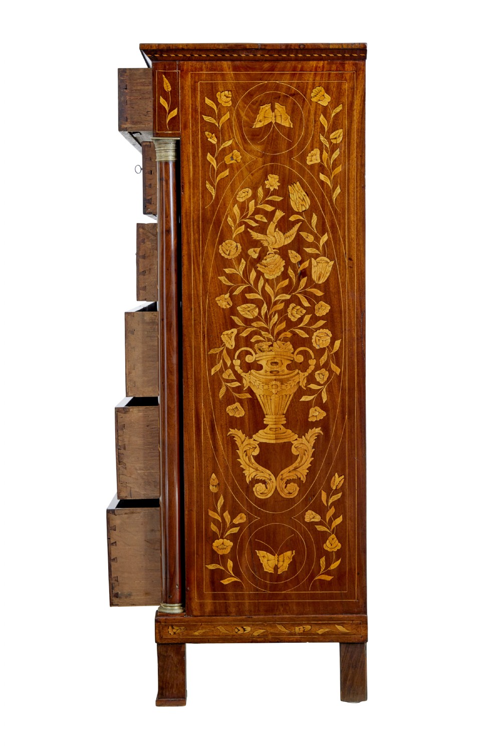 A 19th-century French mahogany chest of six drawers with detailed floral and bird fruitwood marquetry inlays and column sides. View III