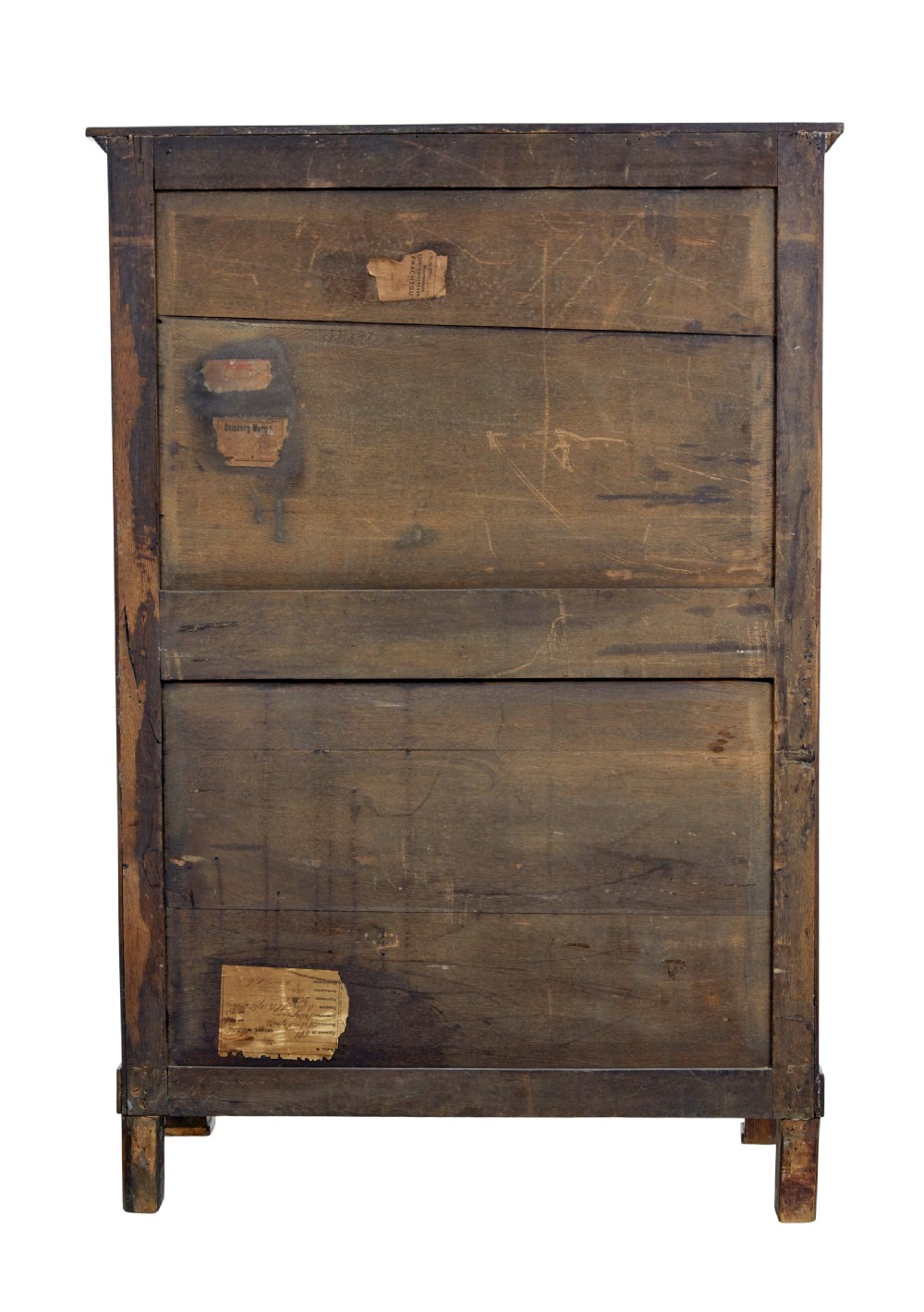 A 19th-century French mahogany chest of six drawers with detailed floral and bird fruitwood marquetry inlays and column sides. View V