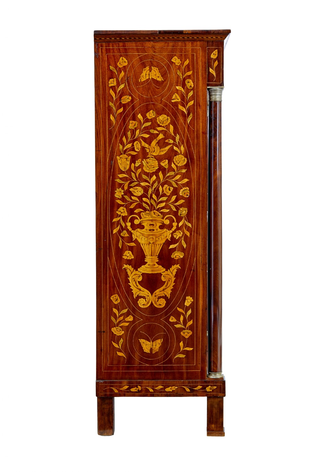A 19th-century French mahogany chest of six drawers with detailed floral and bird fruitwood marquetry inlays and column sides. View VI