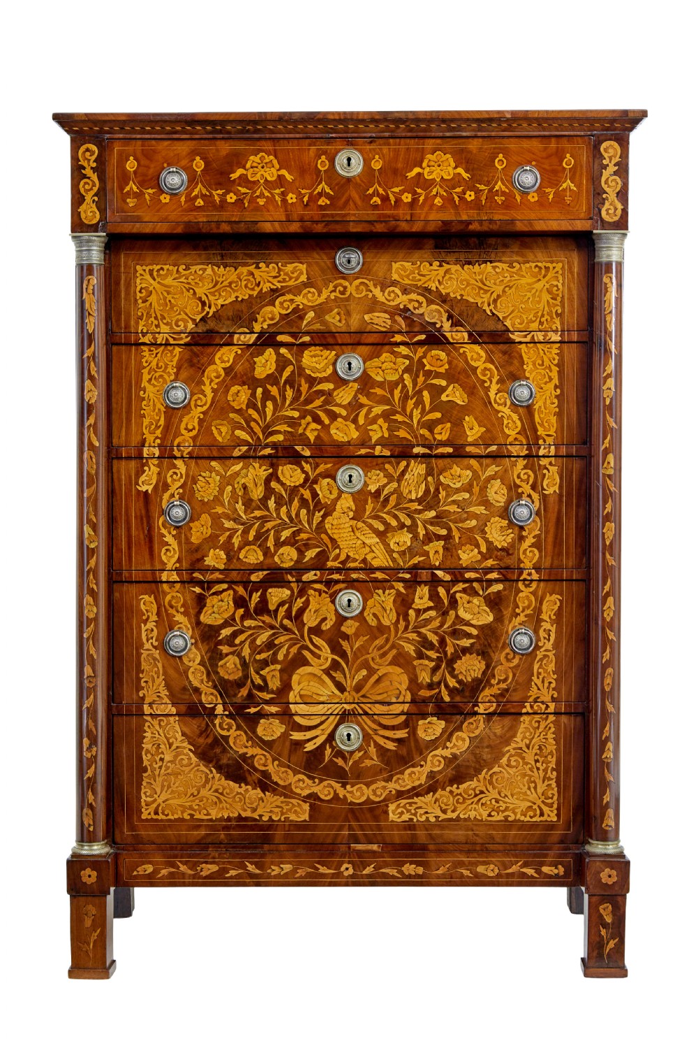 A 19th-century French mahogany chest of six drawers with detailed floral and bird fruitwood marquetry inlays and column sides. View VII