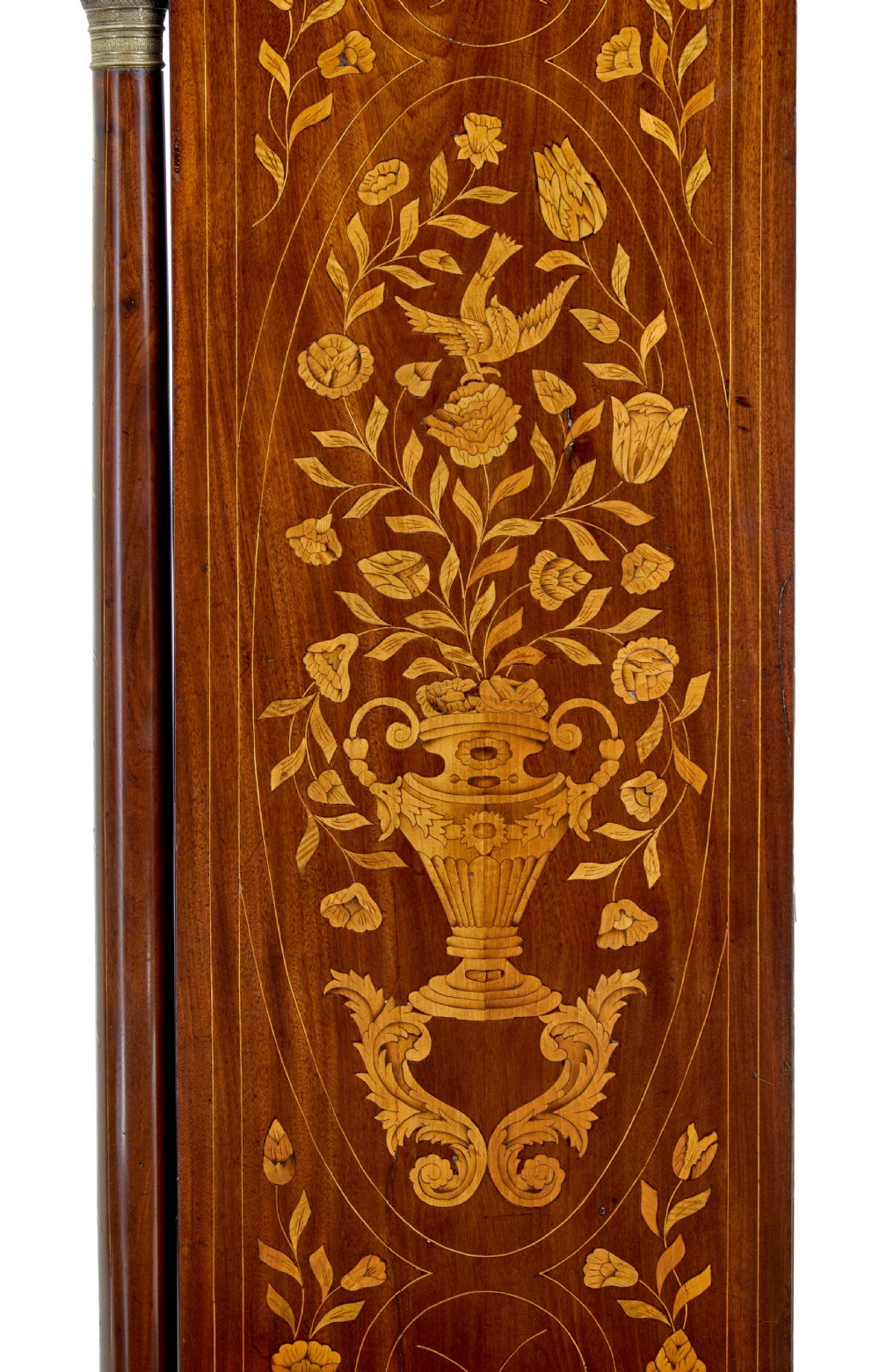 A 19th-century French mahogany chest of six drawers with detailed floral and bird fruitwood marquetry inlays and column sides. View IX