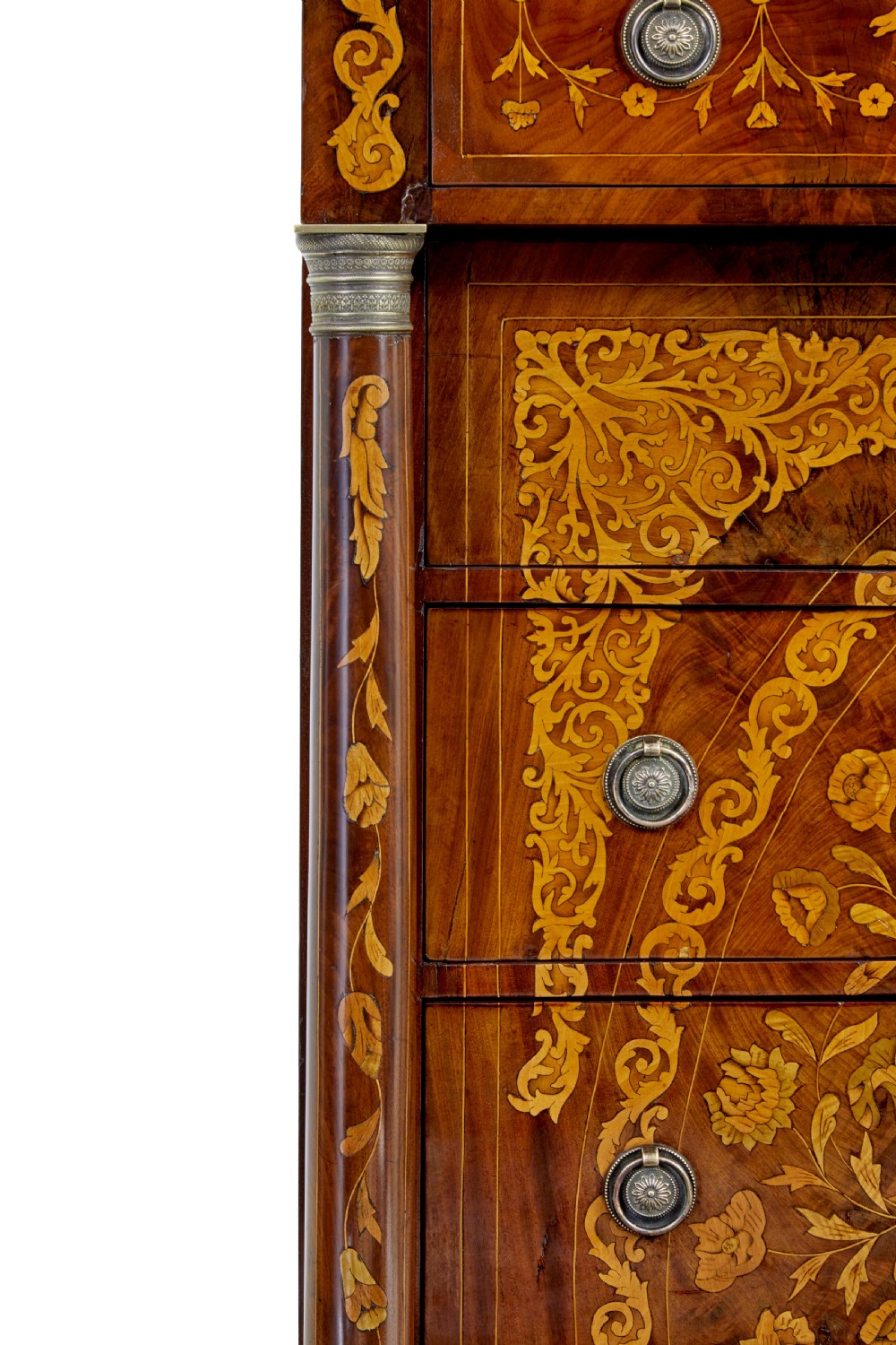 A 19th-century French mahogany chest of six drawers with detailed floral and bird fruitwood marquetry inlays and column sides. View XI