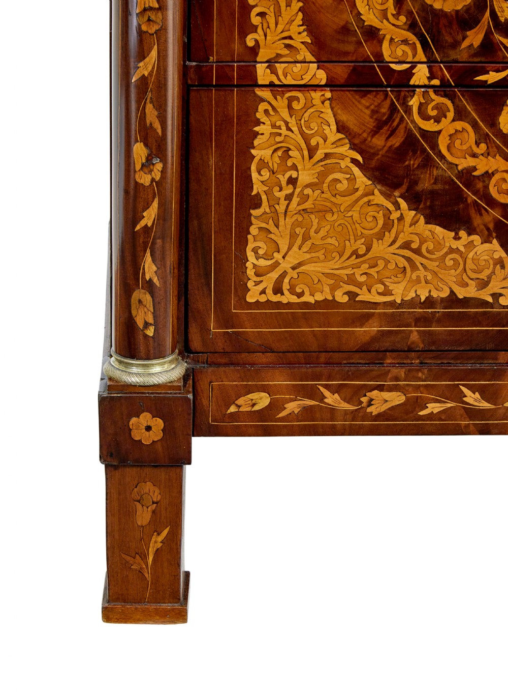 A 19th-century French mahogany chest of six drawers with detailed floral and bird fruitwood marquetry inlays and column sides. View XII