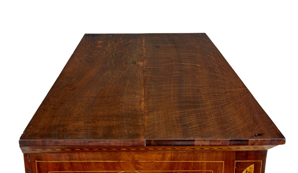 A 19th-century French mahogany chest of six drawers with detailed floral and bird fruitwood marquetry inlays and column sides. View XIII