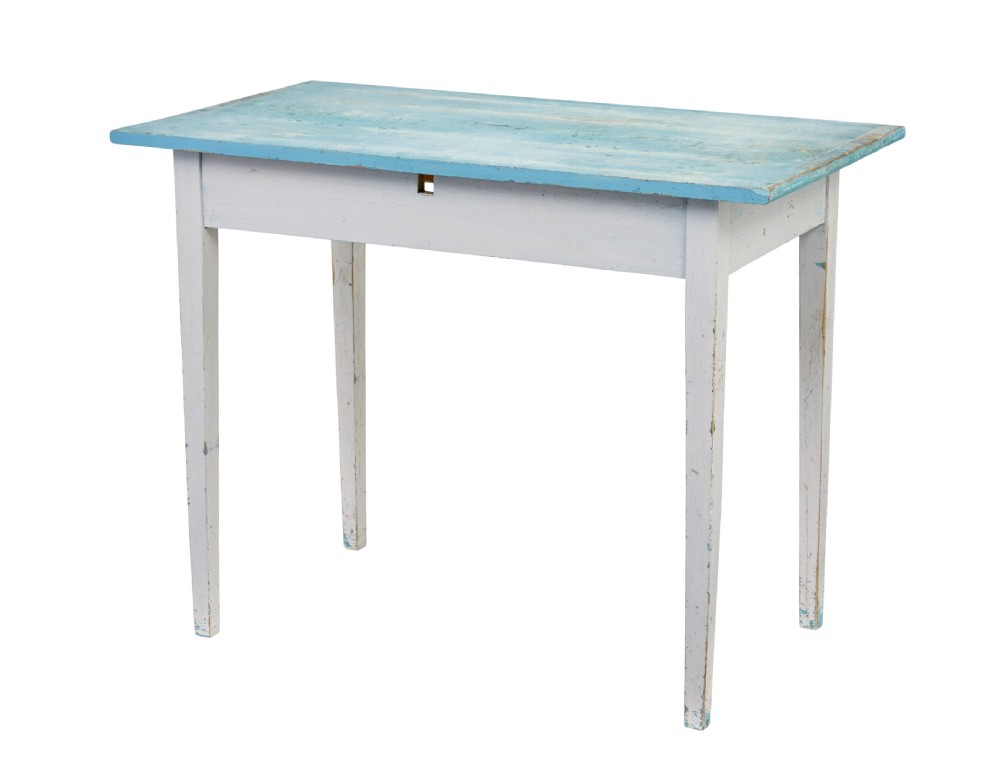 An early 20th-century Swedish occasional table featuring a distressed light blue painted rectangular top supported by off-white tapered square legs.