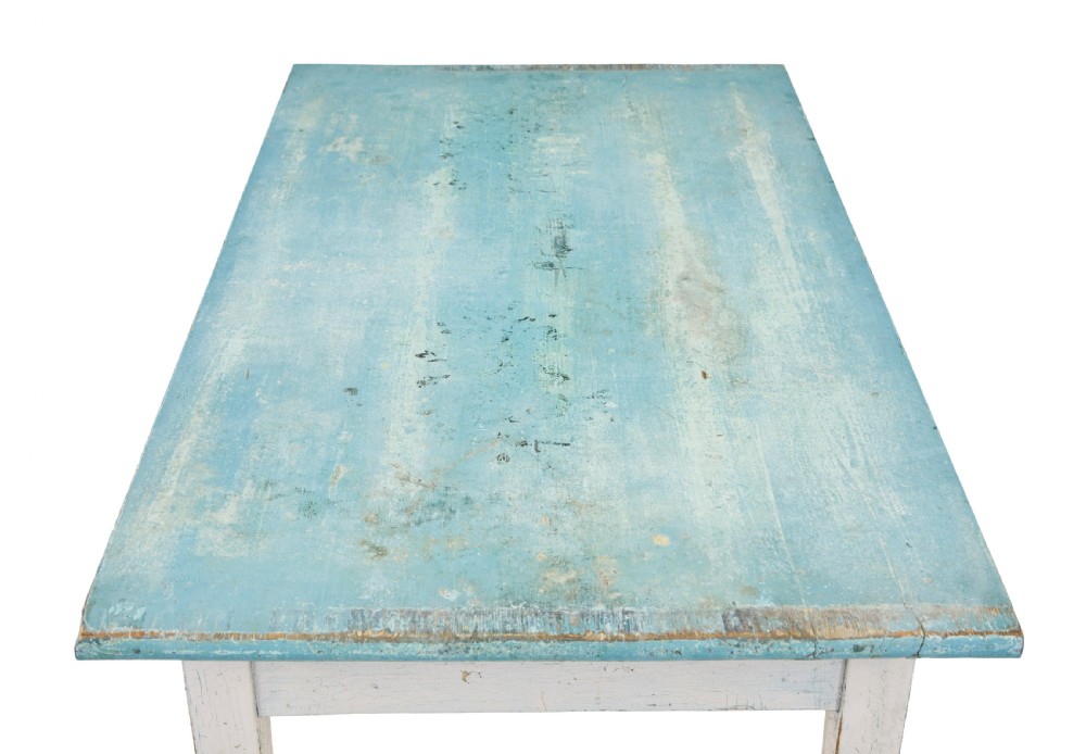 An early 20th-century Swedish occasional table featuring a distressed light blue painted rectangular top supported by off-white tapered square legs. View II