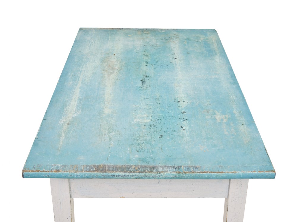 An early 20th-century Swedish occasional table featuring a distressed light blue painted rectangular top supported by off-white tapered square legs. View III