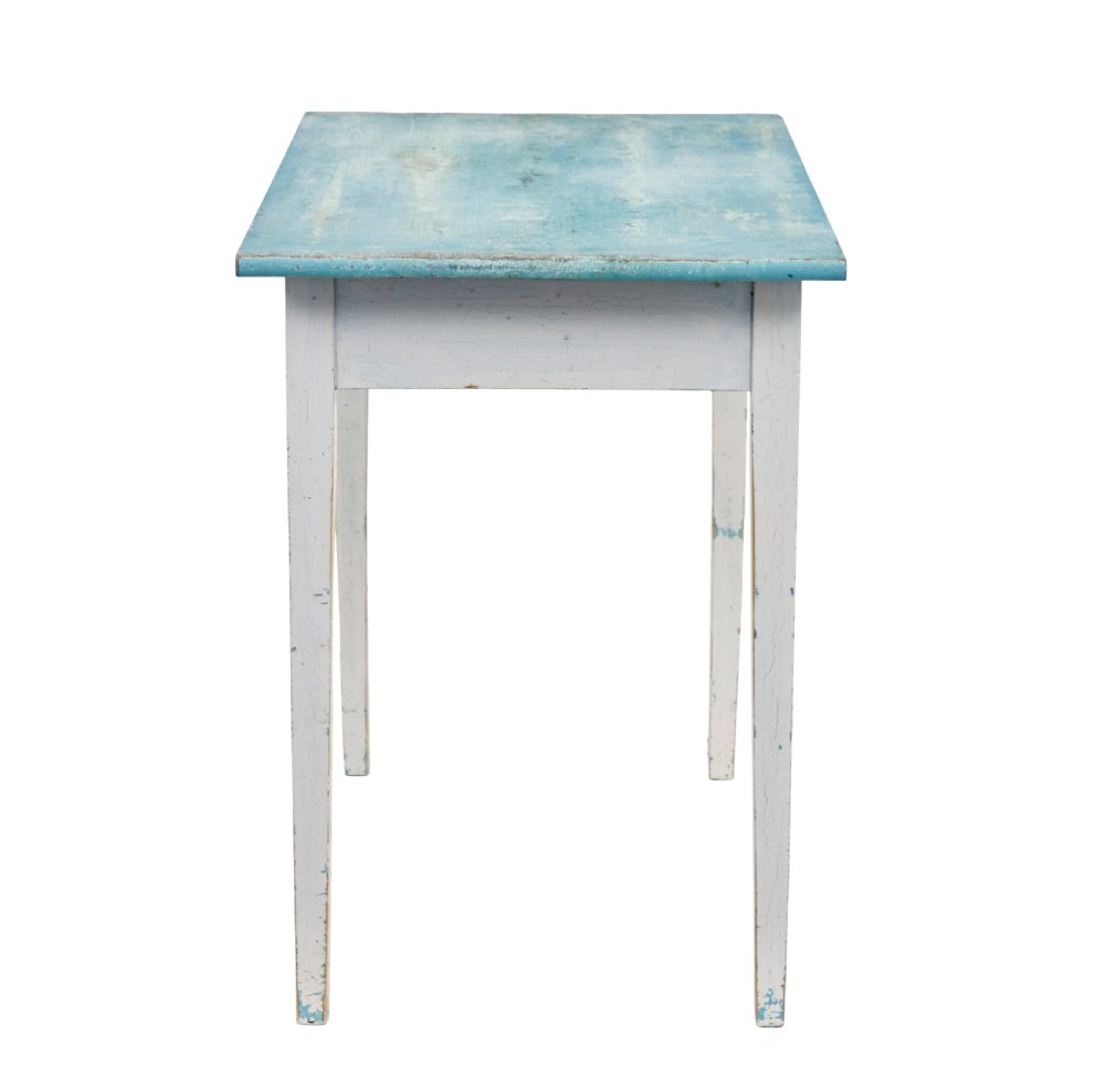 An early 20th-century Swedish occasional table featuring a distressed light blue painted rectangular top supported by off-white tapered square legs. View IV