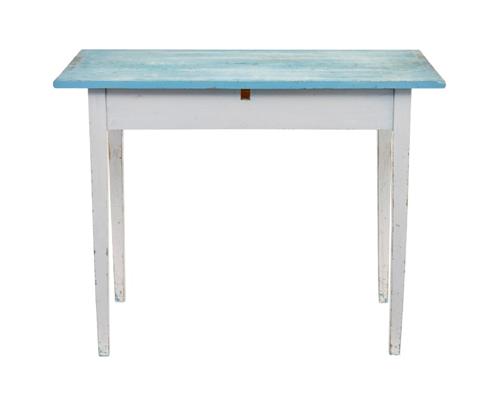 An early 20th-century Swedish occasional table featuring a distressed light blue painted rectangular top supported by off-white tapered square legs. View V
