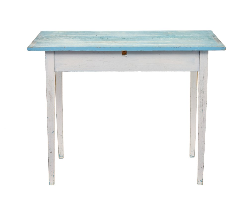 An early 20th-century Swedish occasional table featuring a distressed light blue painted rectangular top supported by off-white tapered square legs. View VI