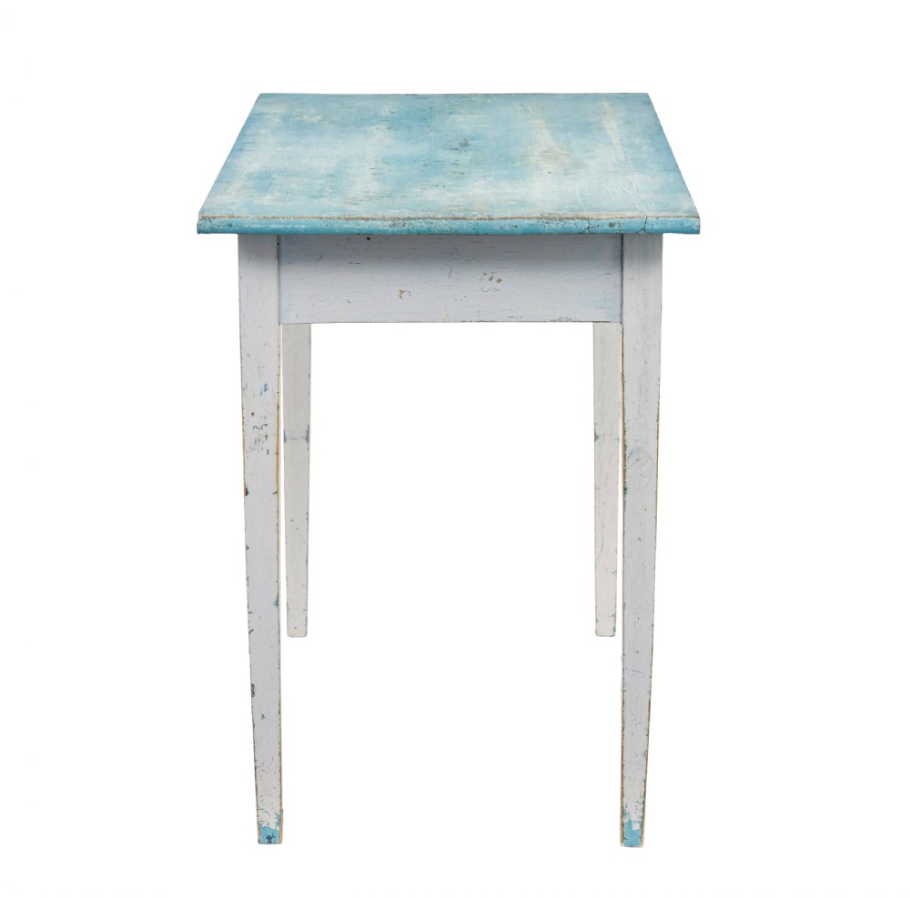 An early 20th-century Swedish occasional table featuring a distressed light blue painted rectangular top supported by off-white tapered square legs. View VII