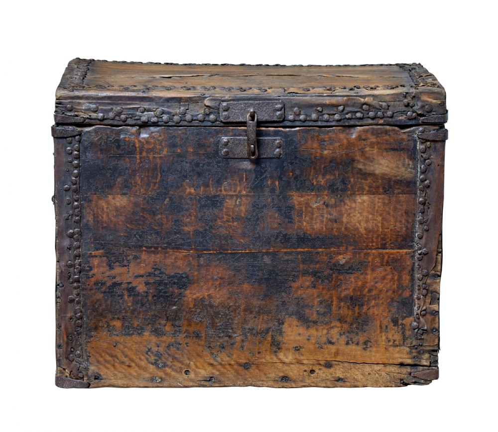 A dark brown 18th-century Chinese hardwood coffer chest with iron studding, metal corner bindings, a central latch, and side drop-handles. View II