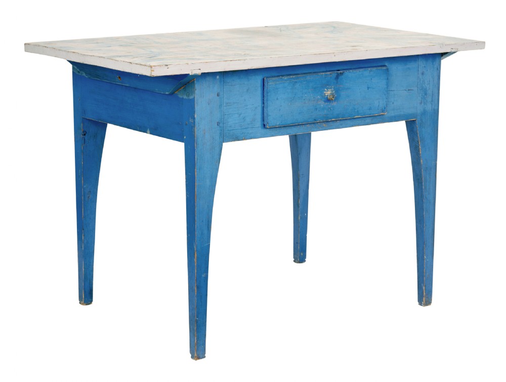 A 19th-century Swedish rustic side table with a blue painted frame, single frieze drawer, tapered square legs, and a worn white tabletop.
