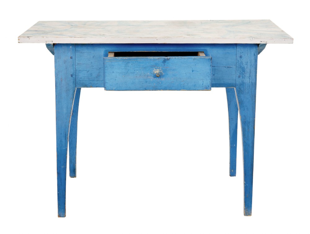 A 19th-century Swedish rustic side table with a blue painted frame, single frieze drawer, tapered square legs, and a worn white tabletop. View III