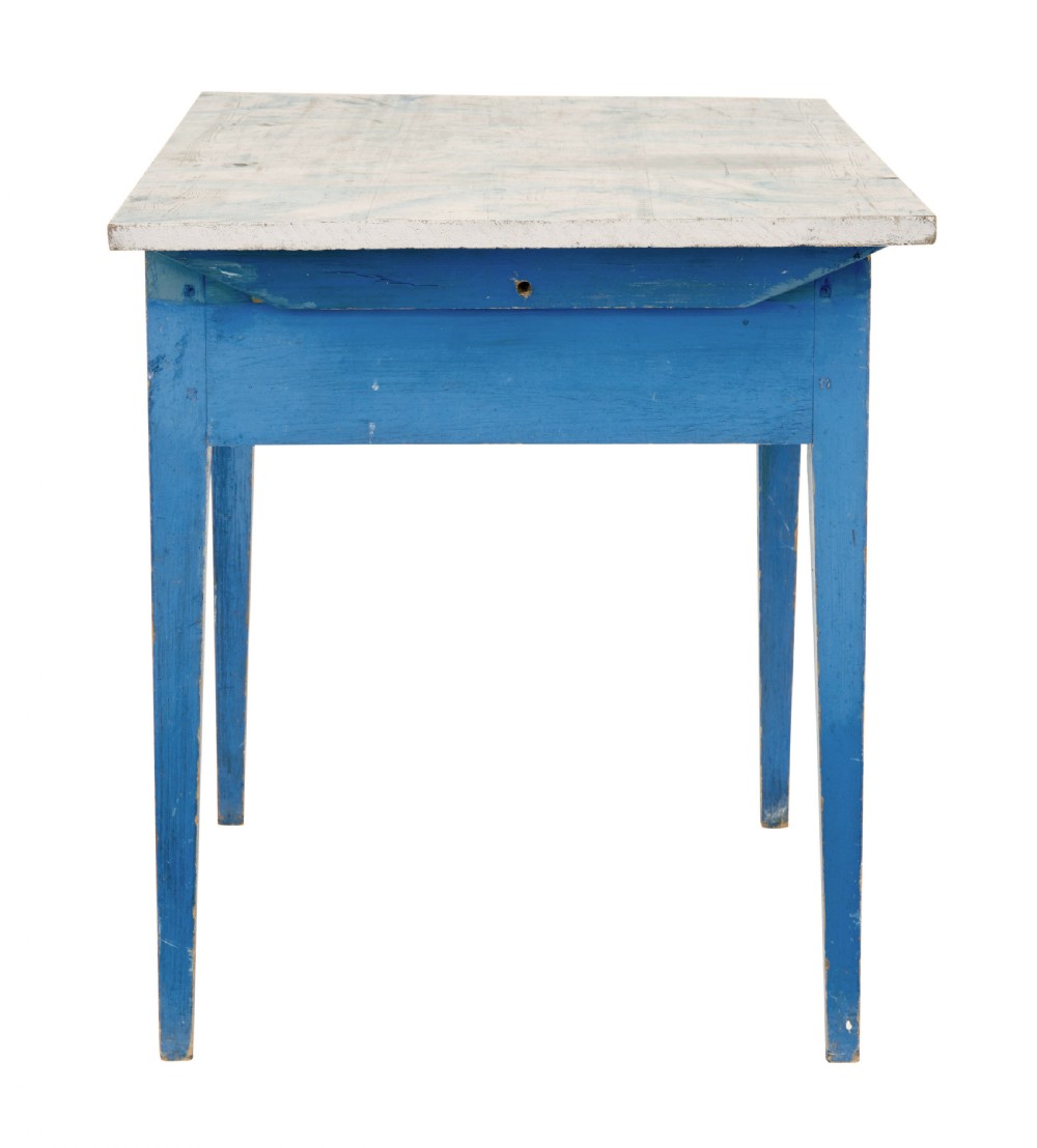 A 19th-century Swedish rustic side table with a blue painted frame, single frieze drawer, tapered square legs, and a worn white tabletop. View IV