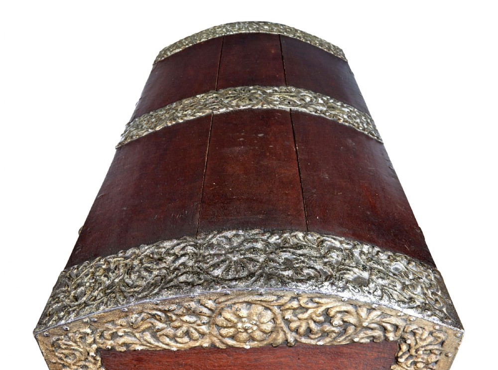 An 18th-century Danish dark oak dome-top coffer featuring intricate embossed brass straps, dual lock plates, and heavy side carrying handles. View V