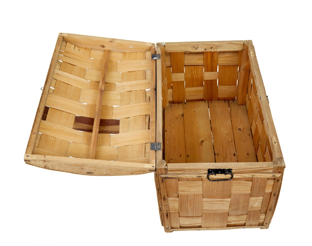 A late nineteenth-century Scandinavian trunk featuring woven pine strip construction, a domed lid, and iron side handles. View VIII