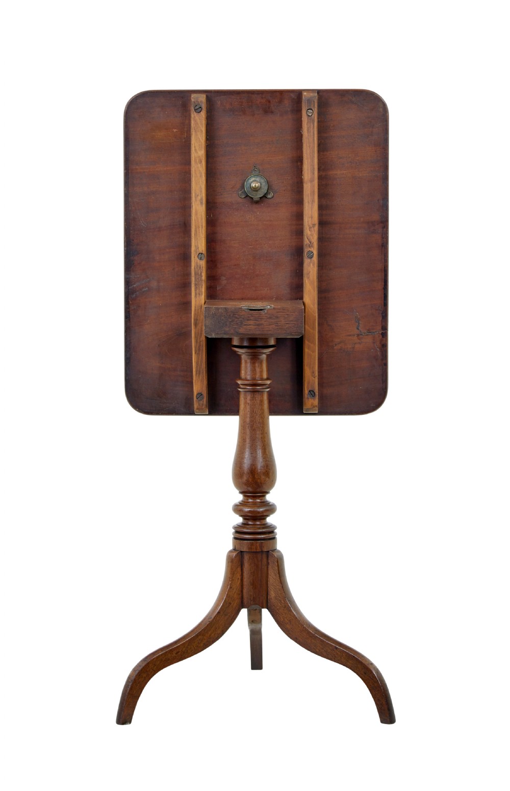 An early 19th-century mahogany tilt-top occasional table featuring a rectangular top, turned baluster stem, and three splayed legs. View III