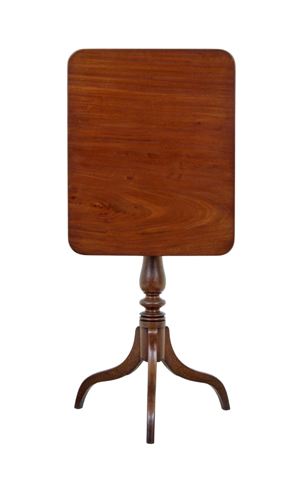 An early 19th-century mahogany tilt-top occasional table featuring a rectangular top, turned baluster stem, and three splayed legs. View IV